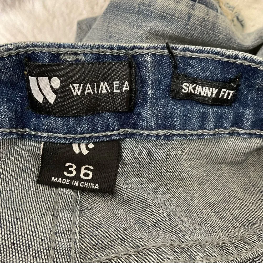 WAIMEA Skinny Fit Ripped Distressed Light Wash Streetwear Jeans 36X32